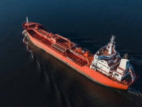 Aerial view of oil tanker in the sea